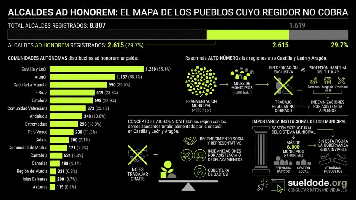 Infografía resumen del artículo: Alcaldes ad honorem: el mapa de los pueblos cuyo regidor no cobra