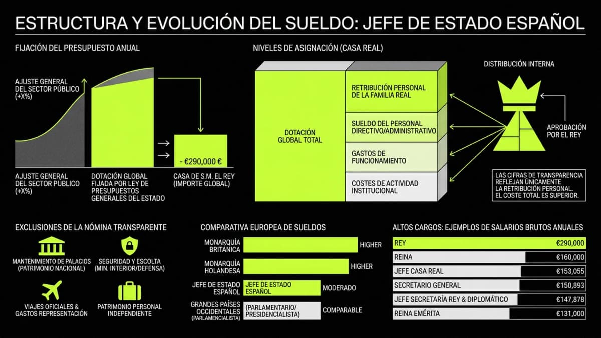 Infografía resumen del artículo: Evolución del sueldo del Rey de España