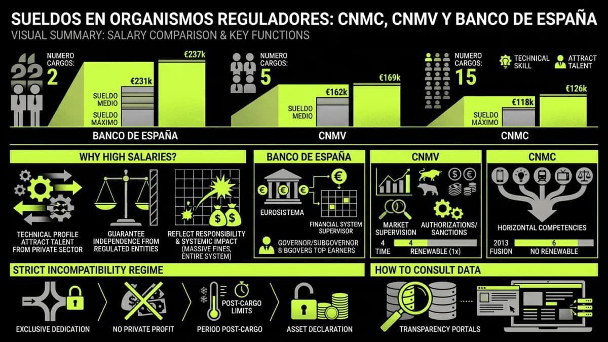 Infografía resumen del artículo: Sueldos en CNMC, CNMV y Banco de España
